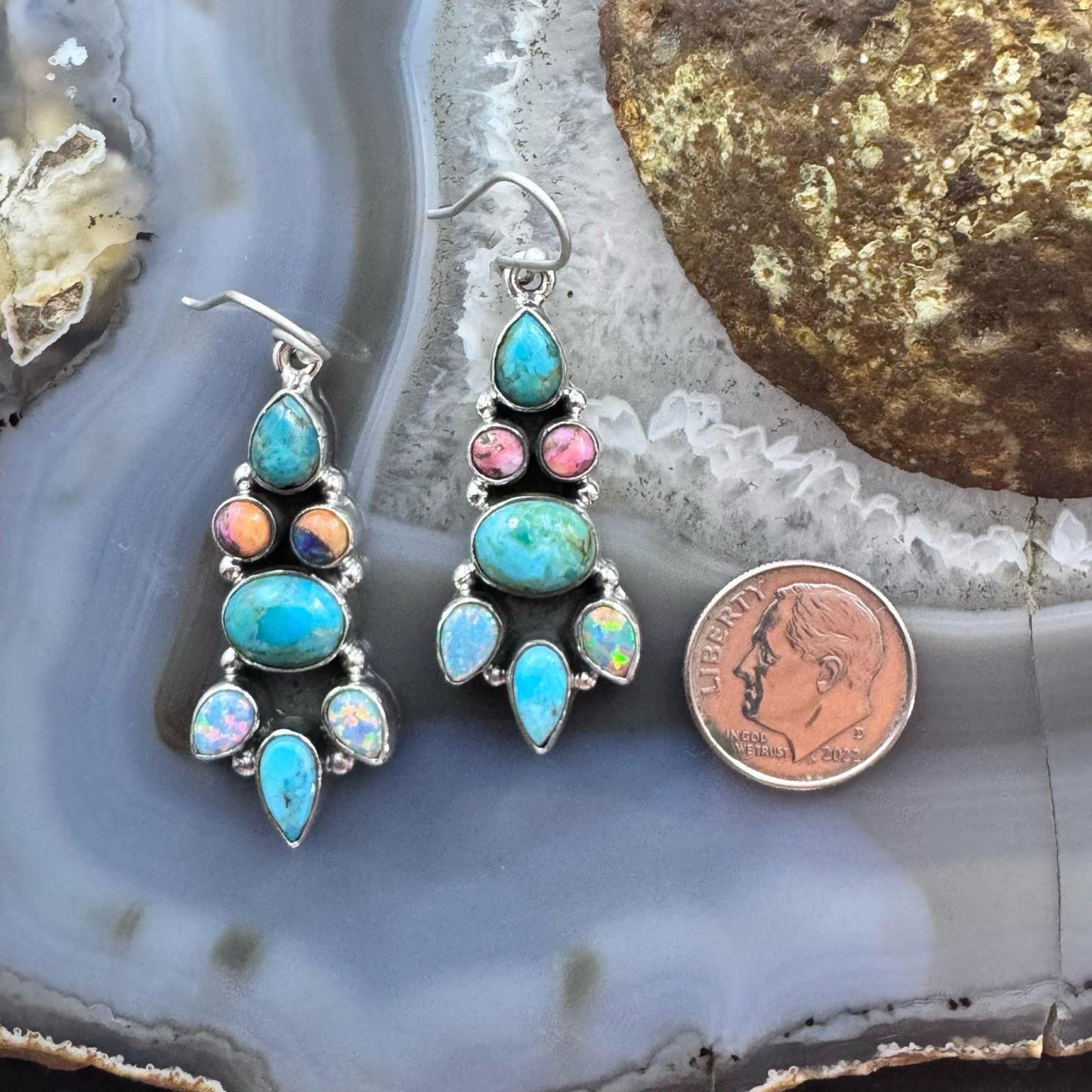 Sterling Silver Southwestern  Style Turquoise, Opal, Pink Dahlia Dangle Earrings For Women