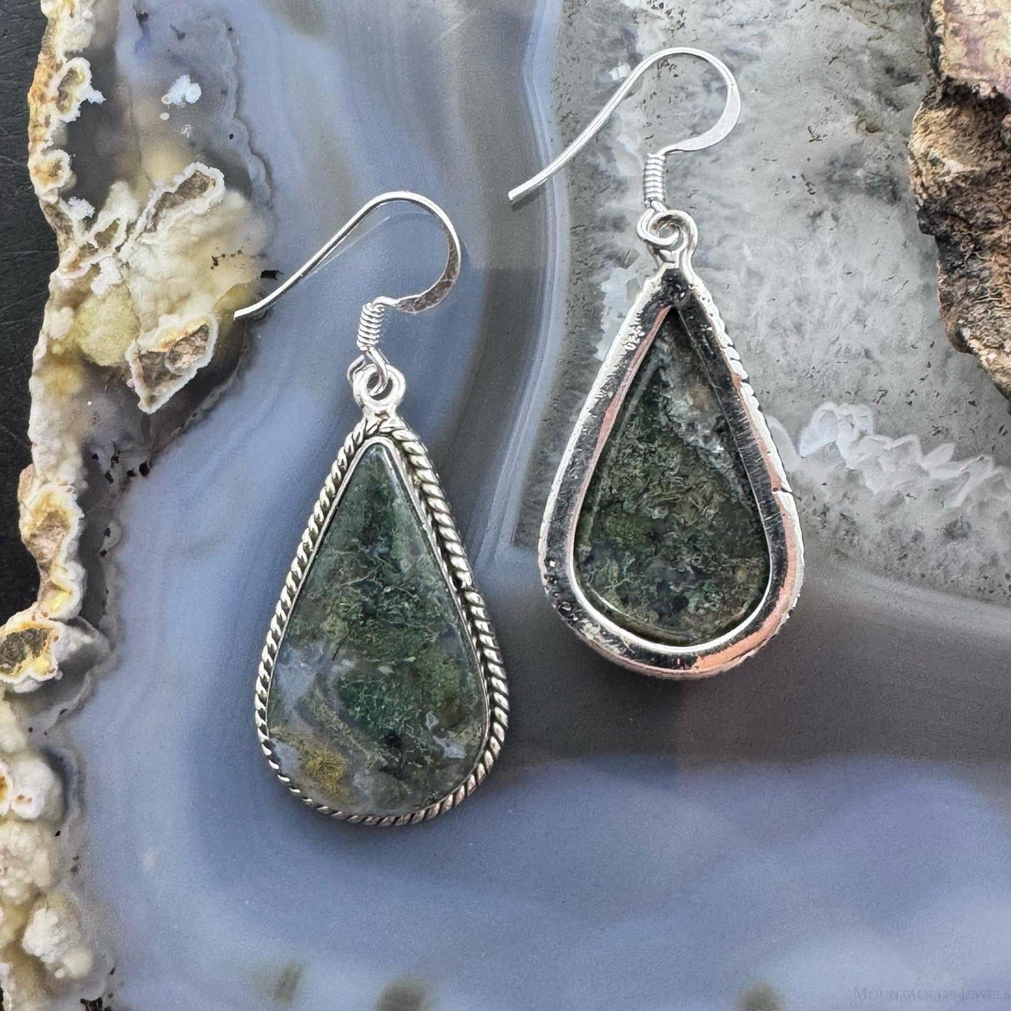 Sterling Silver Southwestern Style Teardrop Moss Agate Dangle Earrings For Women