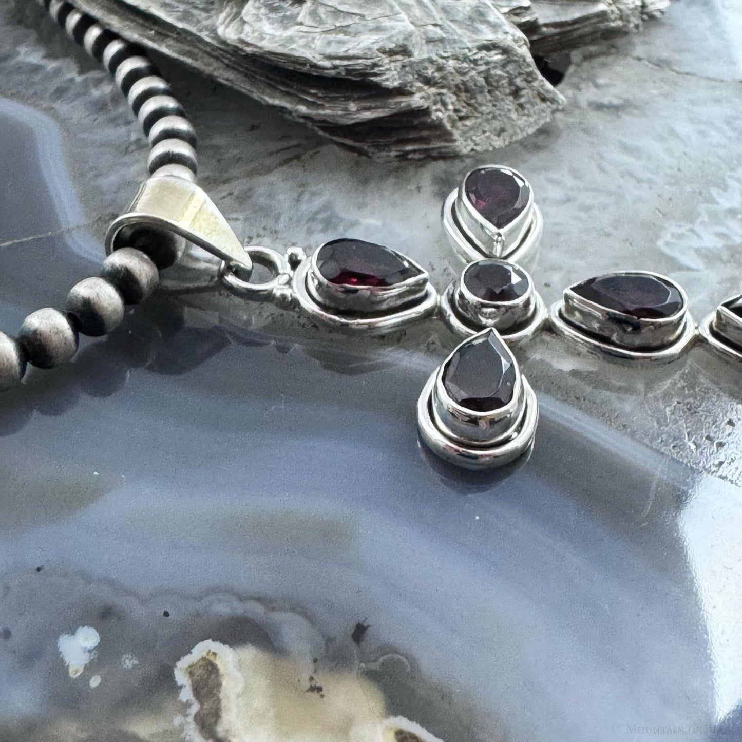 Sterling Silver Southwestern Style Garnet Decorated Cross Pendant For Women