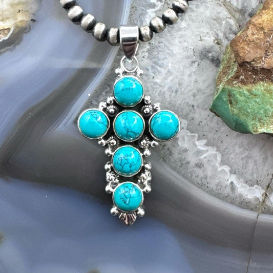 Sterling Silver Southwestern Style Rounded Blue Howlite Cross Pendant For Women