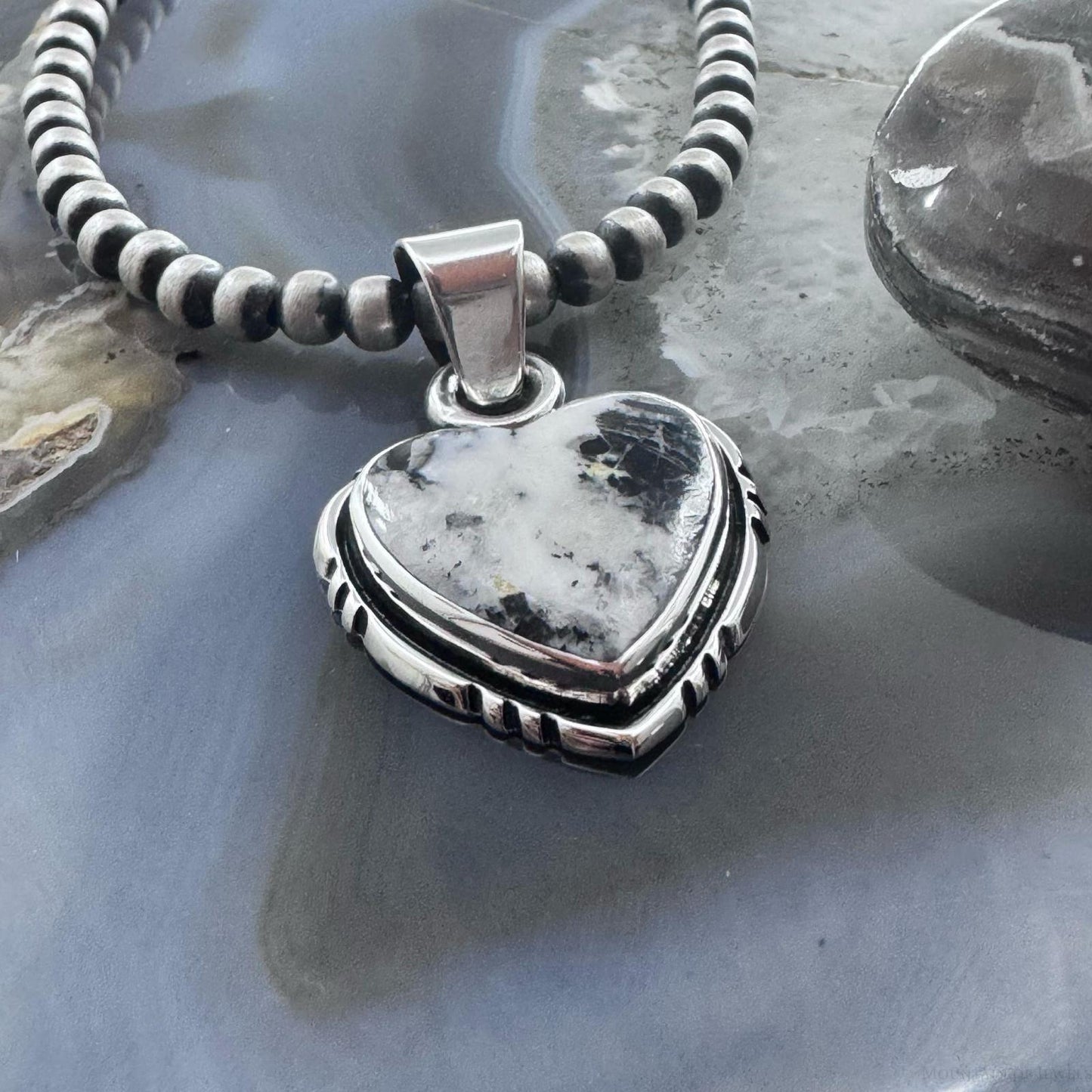Native American Sterling Silver White Buffalo Decorated Heart Pendant For Women