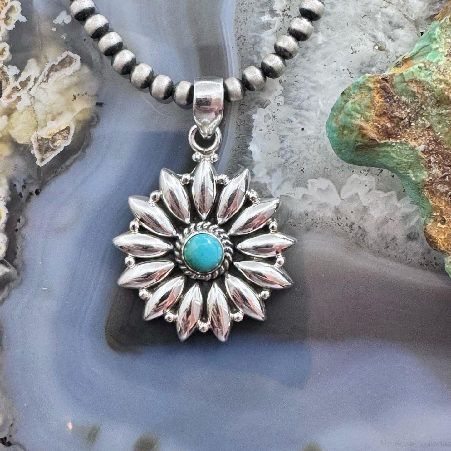 Sterling Silver Southwestern Style Rounded Turquoise Pendant Cluster For Women