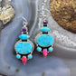 Sterling Silver Southwestern Style Turquoise, Pink & Purple Dahlia Dangle Earrings For Women