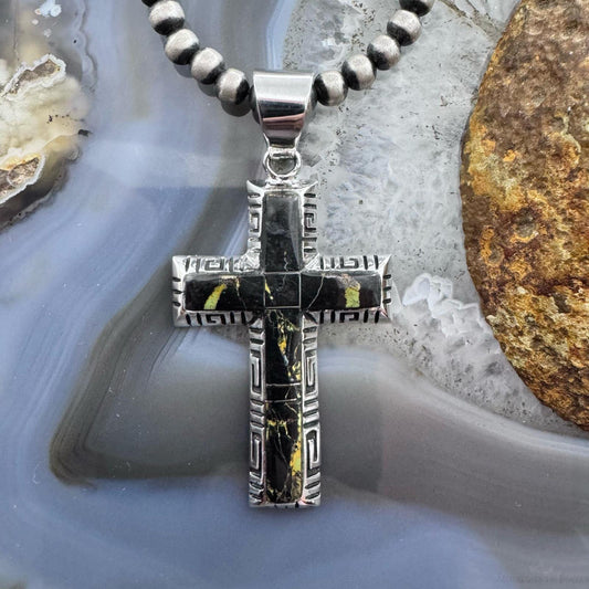 Native American Sterling Silver Inlay Blackjack Decorated Cross Unisex Pendant