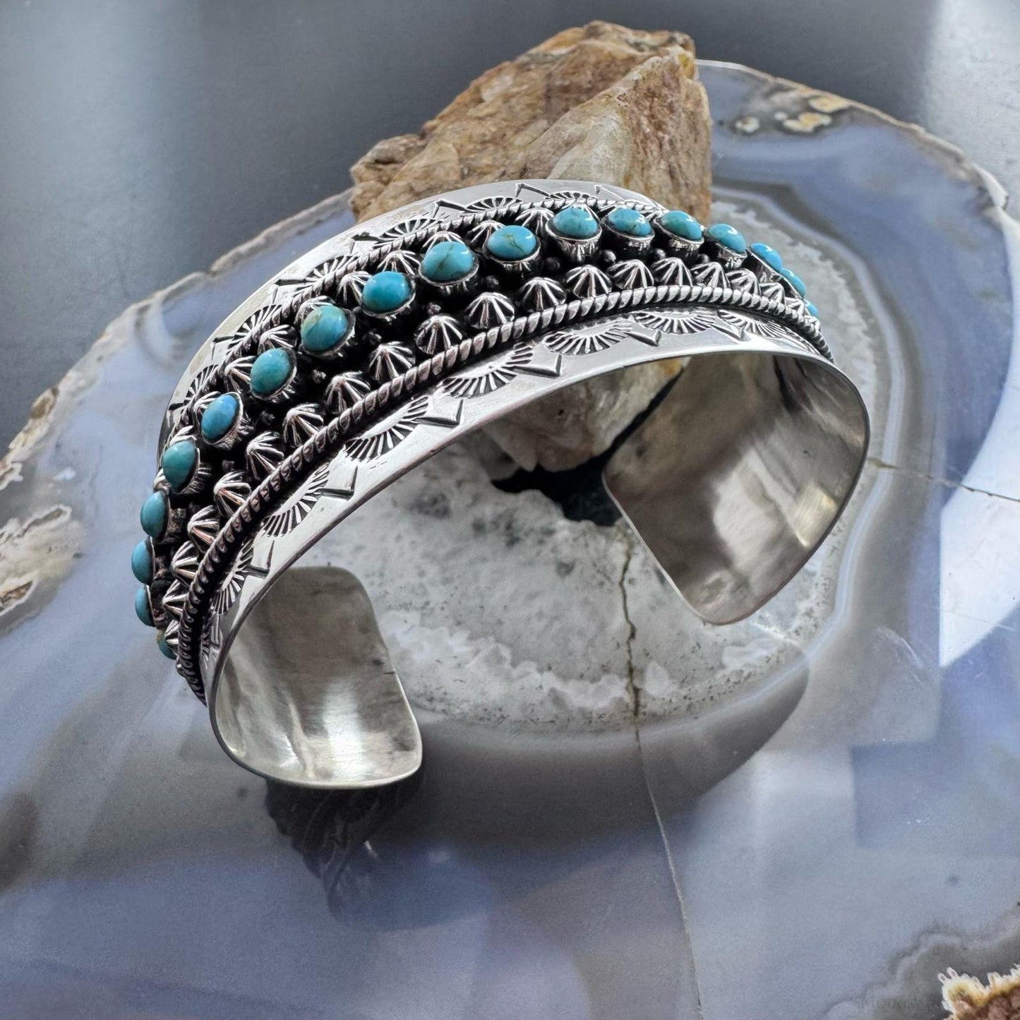 Sterling Silver Southwestern Style Turquoise Single Row Stamped Decorated Bracelet For Women