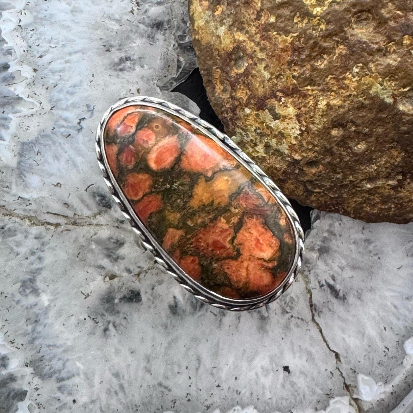 Sterling Silver Southwestern Style Oval Orange Copper Turquoise Ring Size 8.5 For Women