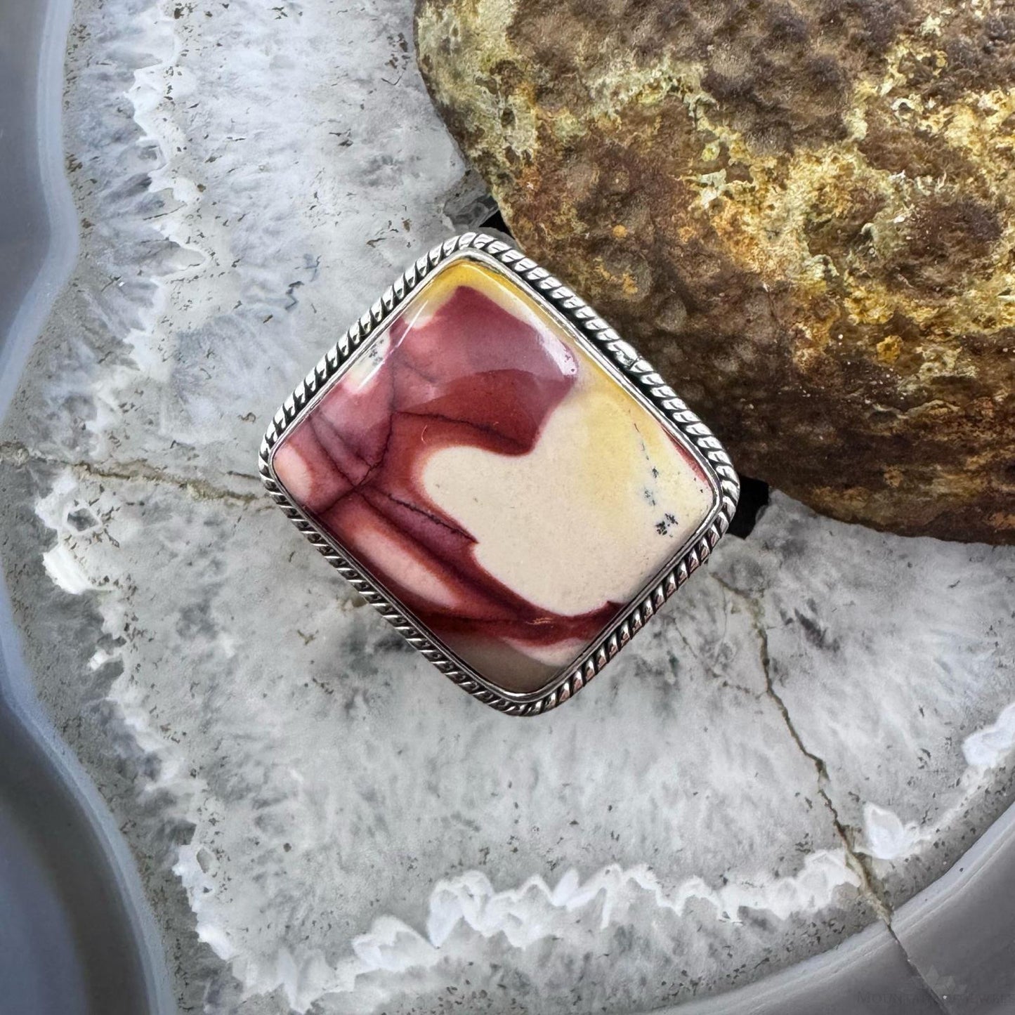 Sterling Silver Southwestern Style Mookaite Jasper Decorated Bar Ring Size 7.75 For Women