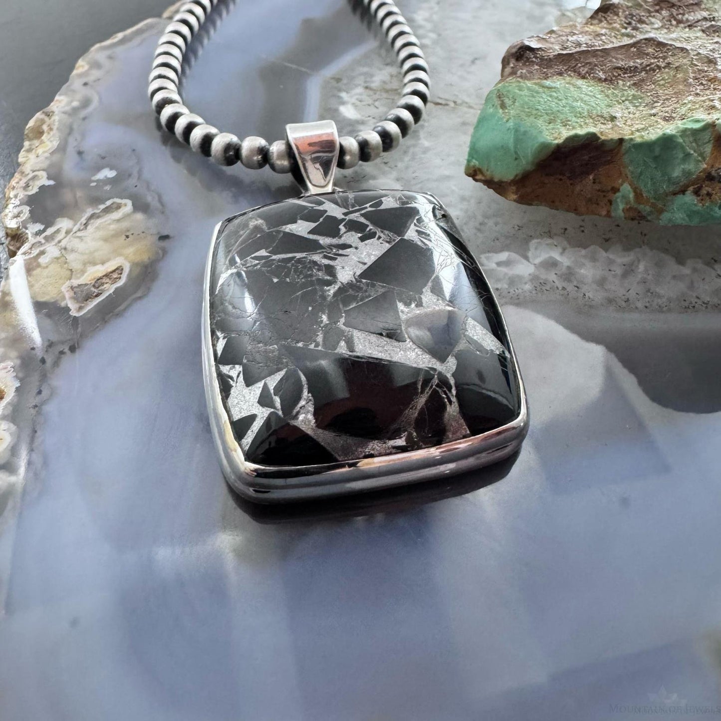 Sterling Silver Southwestern Style Rectangle Mohave Zinc Black Onyx Pendant For Women