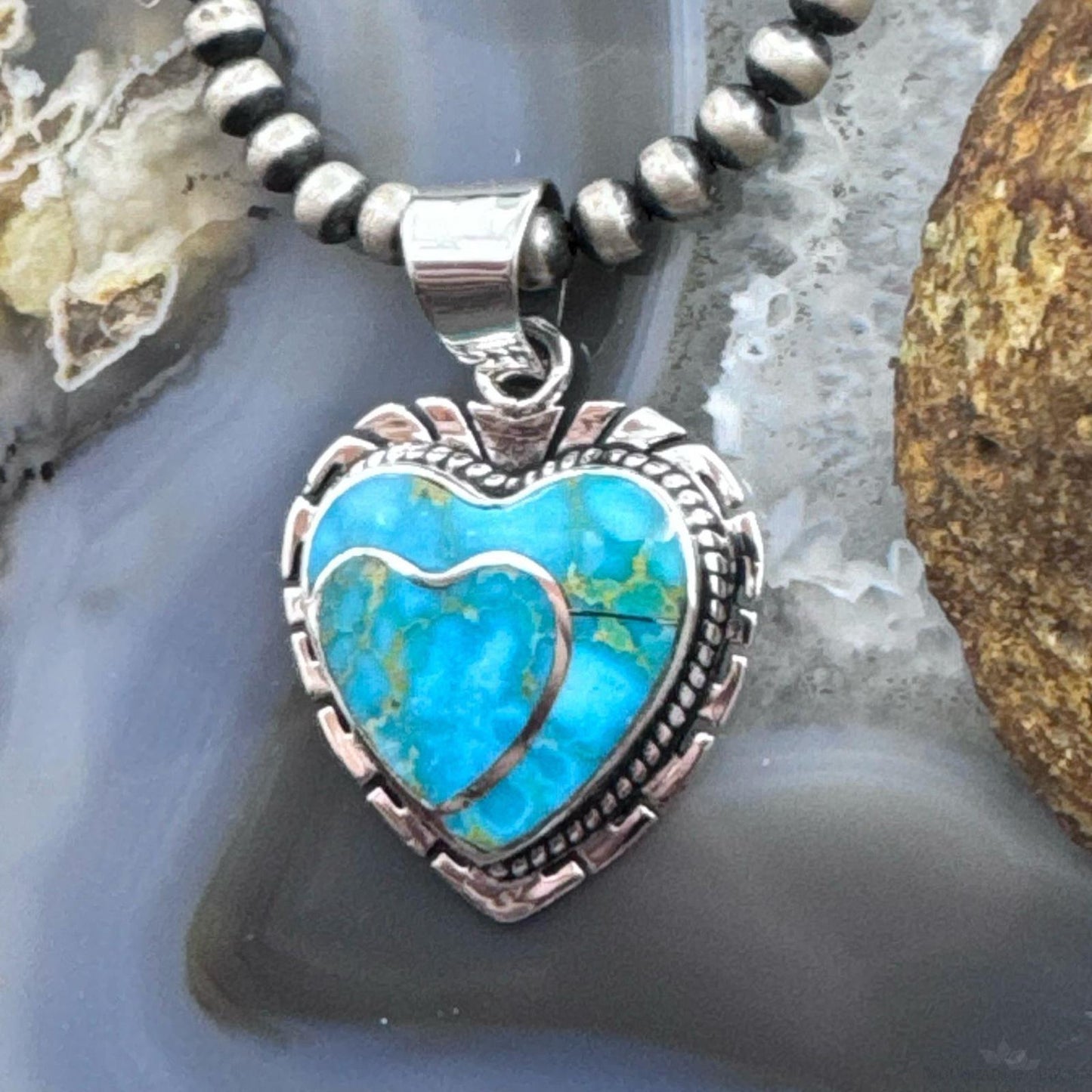 Native American Sterling Silver Blue Ridge Turquoise Double Heart Pendant For Women