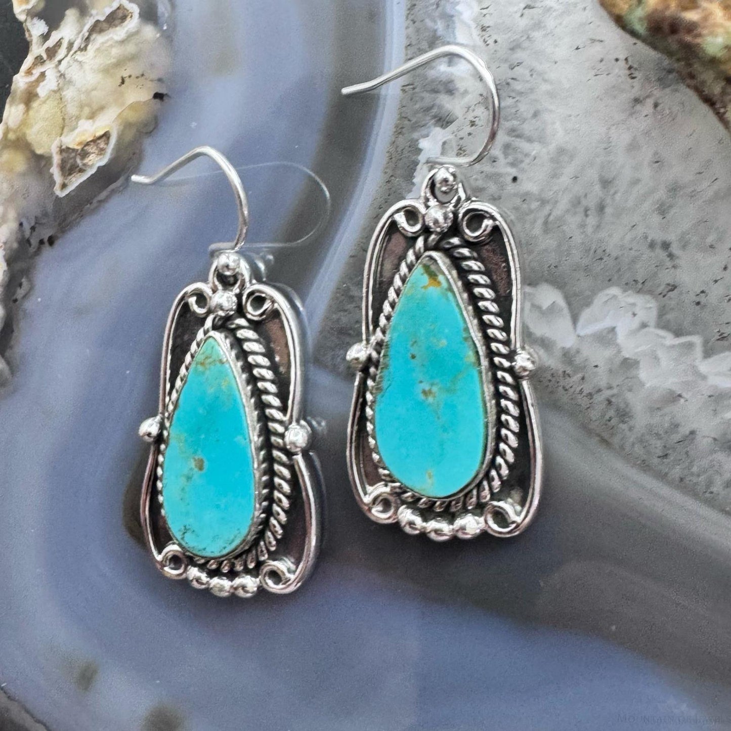 Sterling Silver Southwestern Style Teardrop Turquoise Dangle Earrings For Women