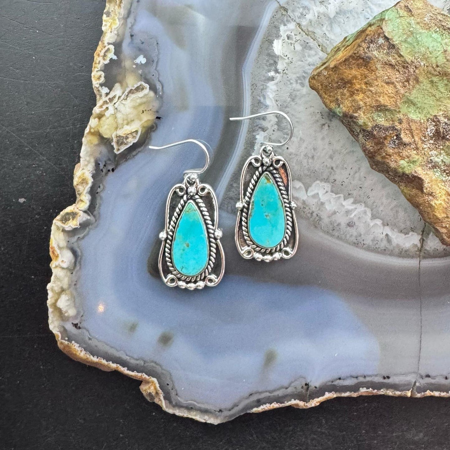 Sterling Silver Southwestern Style Teardrop Turquoise Dangle Earrings For Women