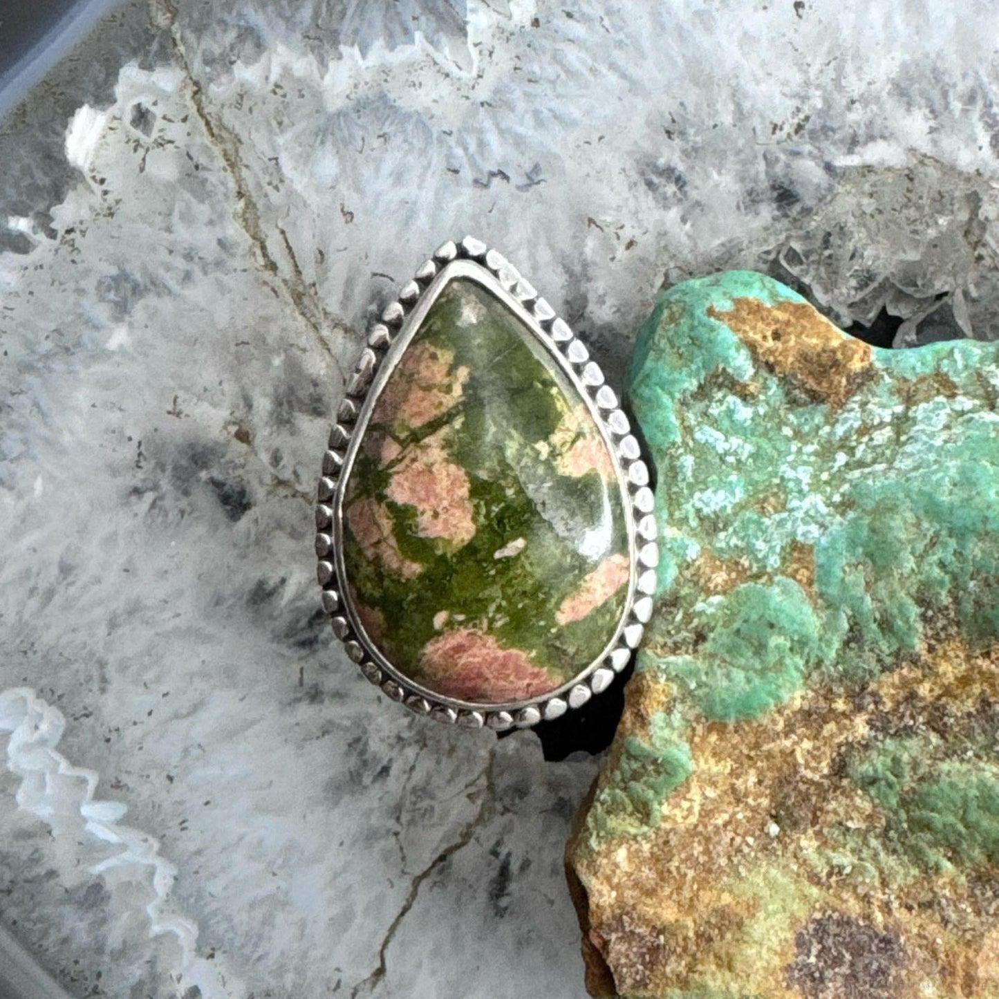 Sterling Silver Southwestern Style Teardrop Unakite Jasper Decorated Ring Size 8 For Women