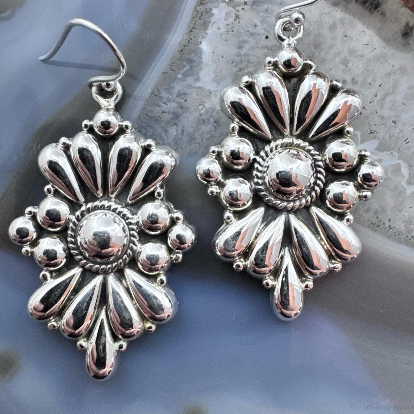 Southwestern Style Sterling Silver Floral Decorated Dangle Earrings For Women