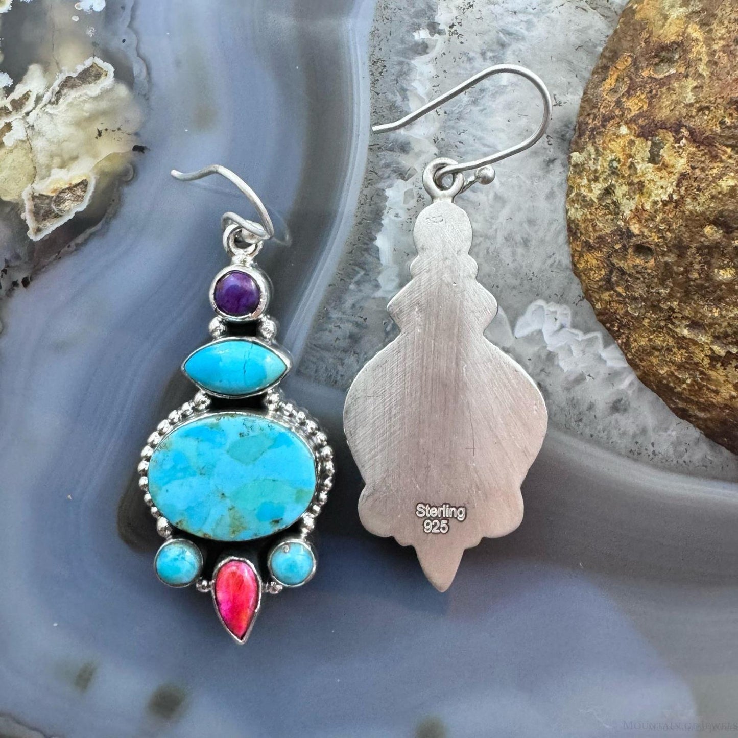 Sterling Silver Southwestern Style Turquoise, Pink & Purple Dahlia Dangle Earrings For Women