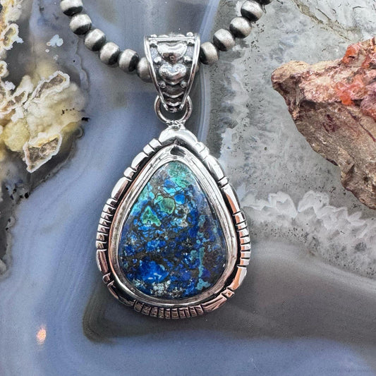 Sterling Silver Southwestern Style Teardrop Azurite Malachite Decorated Pendant