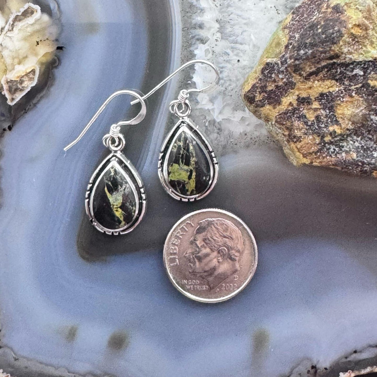 Native American Sterling Silver Teardrop Blackjack Dangle Earrings For Women