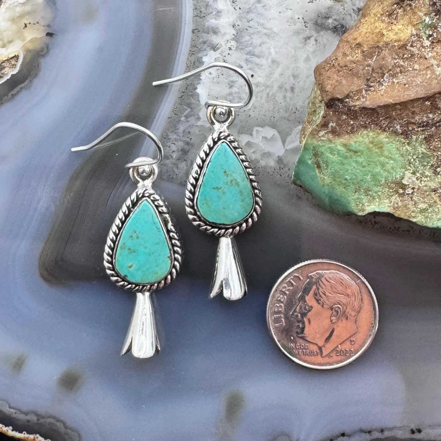 Sterling Silver Southwestern Style Teardrop Turquoise Squash Blossom Dangle Earrings For Women