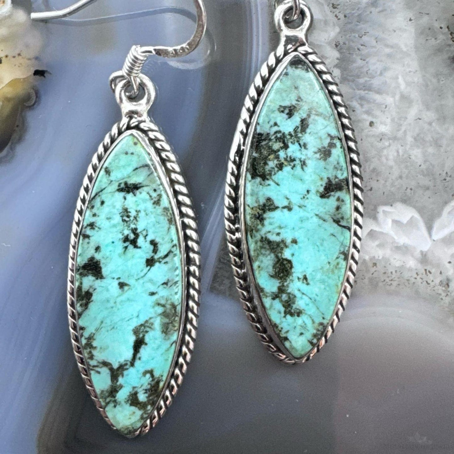 Sterling Silver Southwestern Style Marquise African Turquoise Dangle Earrings For Women