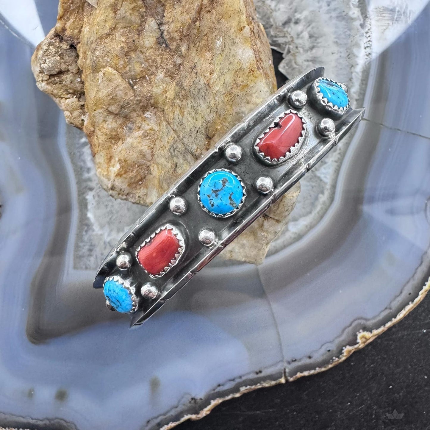 Reed Charley Native American Sterling Silver Turquoise & Coral Row Bracelet For Women