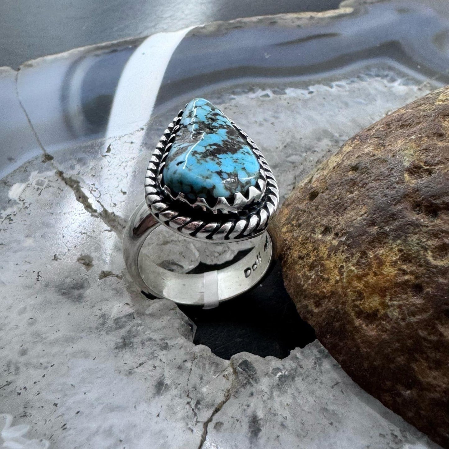 Sterling Silver Southwestern Style Teardrop Turquoise Ring Size 6.75 For Women