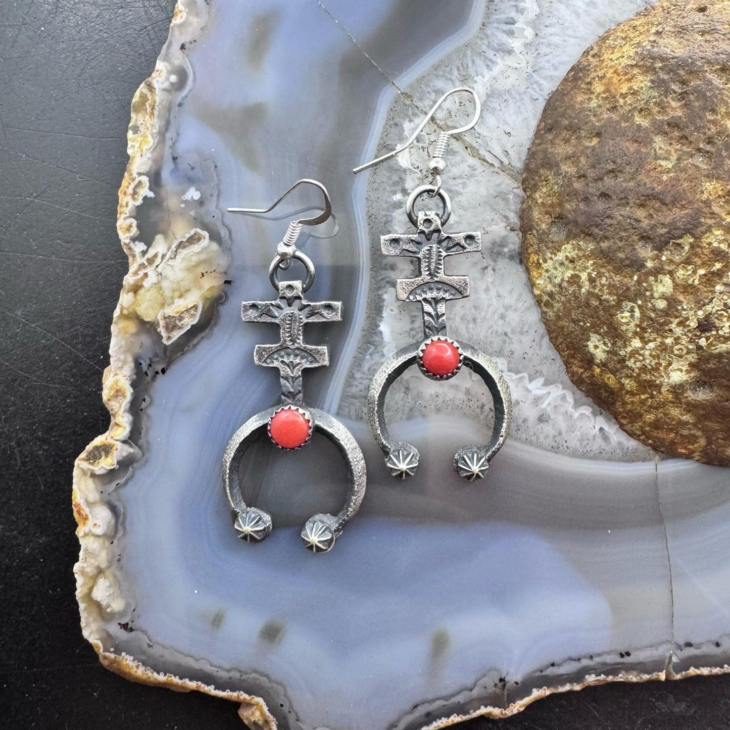 Kevin Billah Native American Sterling Silver Coral Native Cross Dangle Earrings For Women