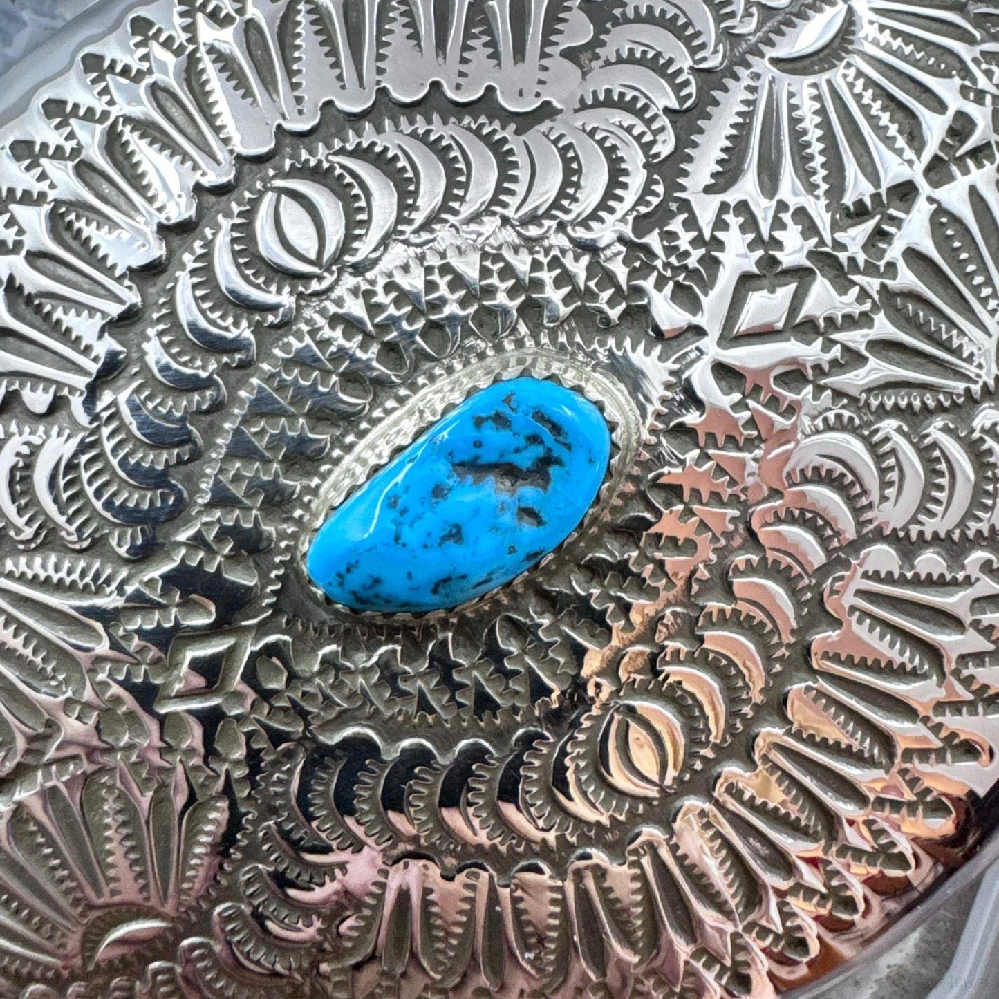 Native American Sterling Silver Turquoise Stamped Oval Belt Buckle For Men