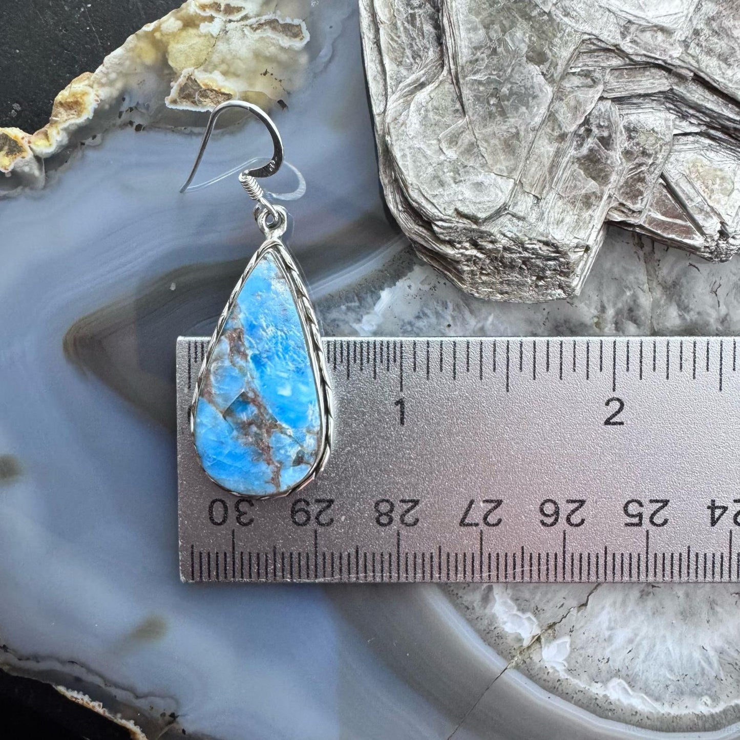 Sterling Silver Southwesten Style Teardrop Blue Apatite Dangle Earrings For Women