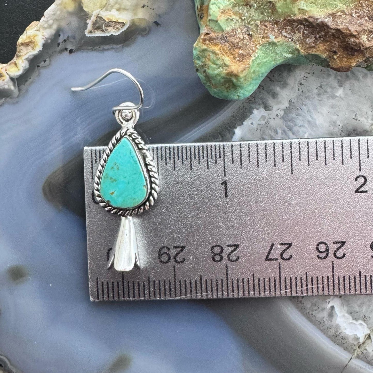 Sterling Silver Southwestern Style Teardrop Turquoise Squash Blossom Dangle Earrings For Women