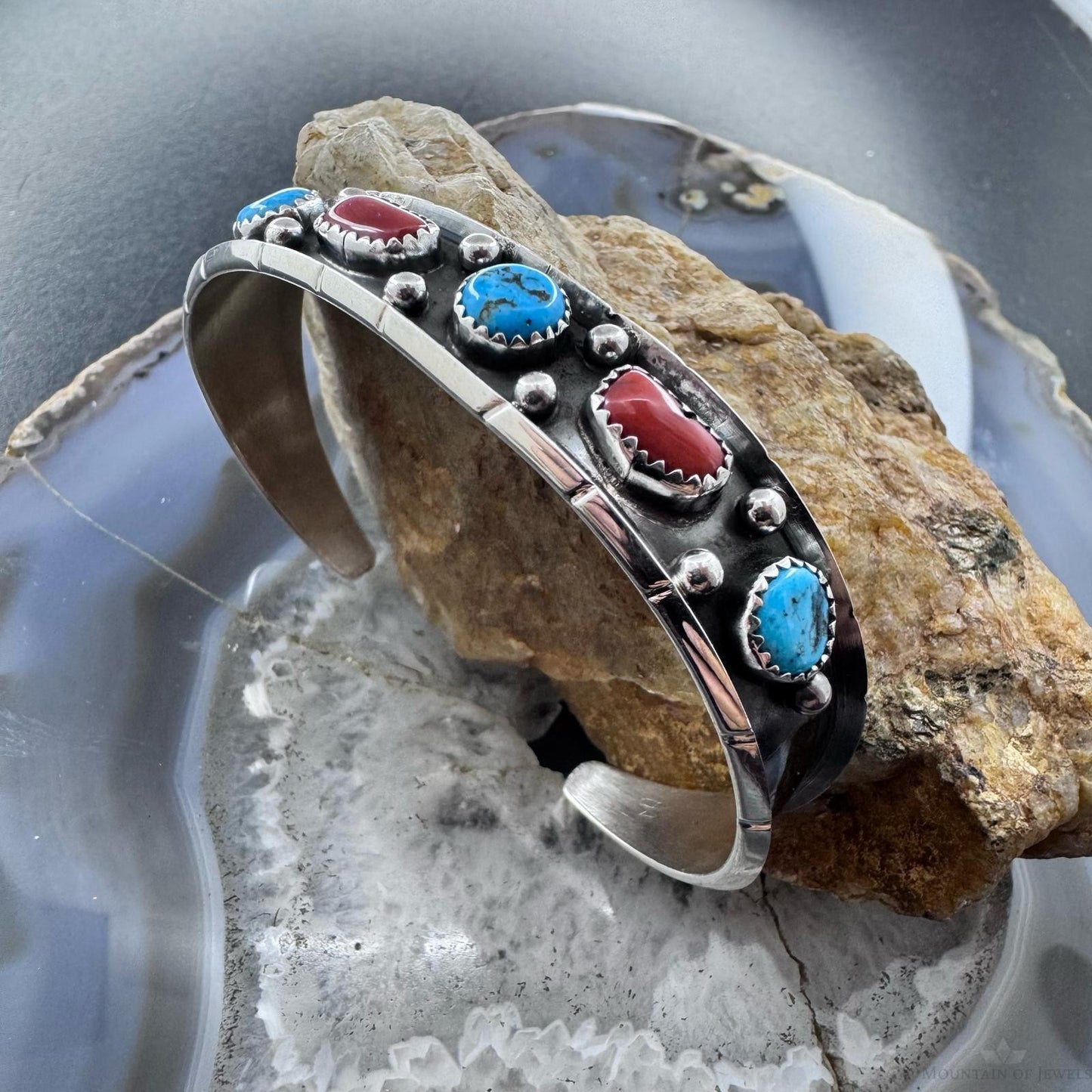 Reed Charley Native American Sterling Silver Turquoise & Coral Row Bracelet For Women