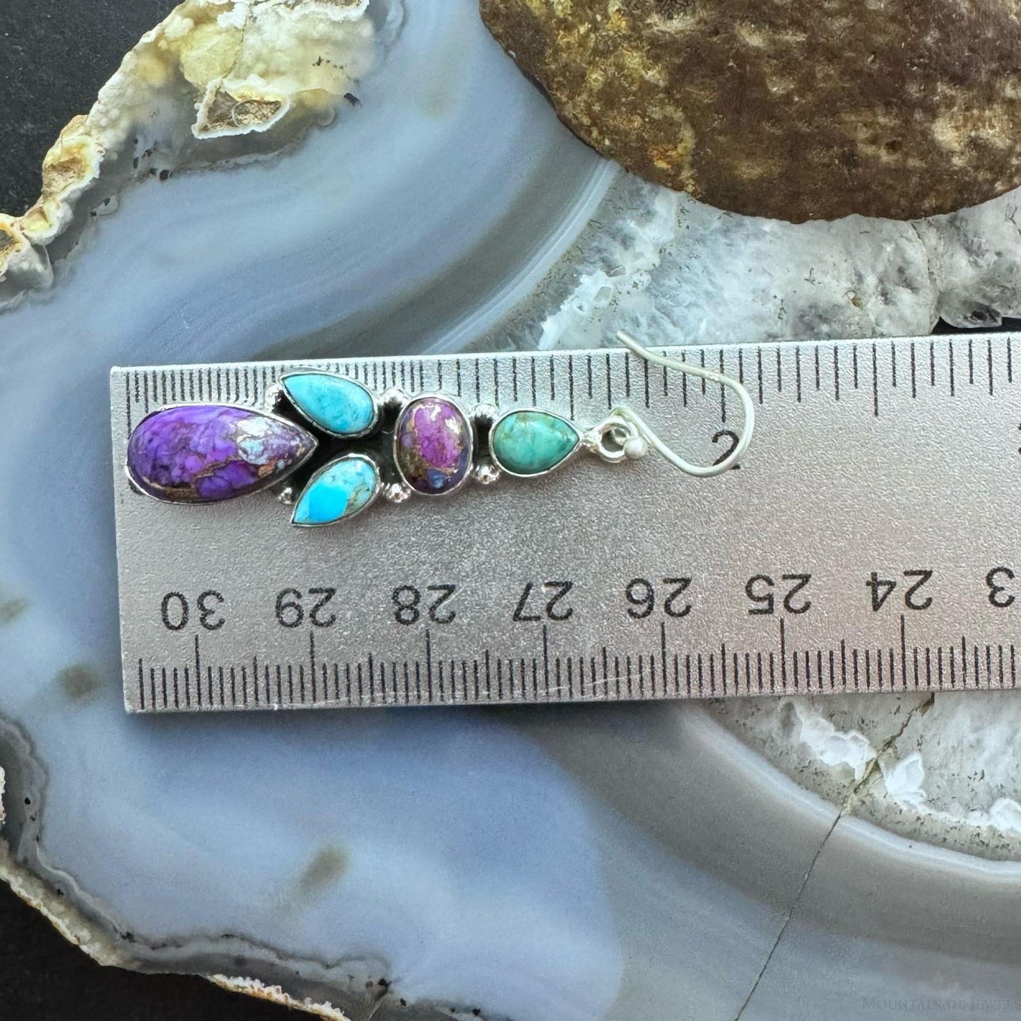 Sterling Silver Southwestern Style Turquoise & Purple Dahlia Dangle Earrings For Women