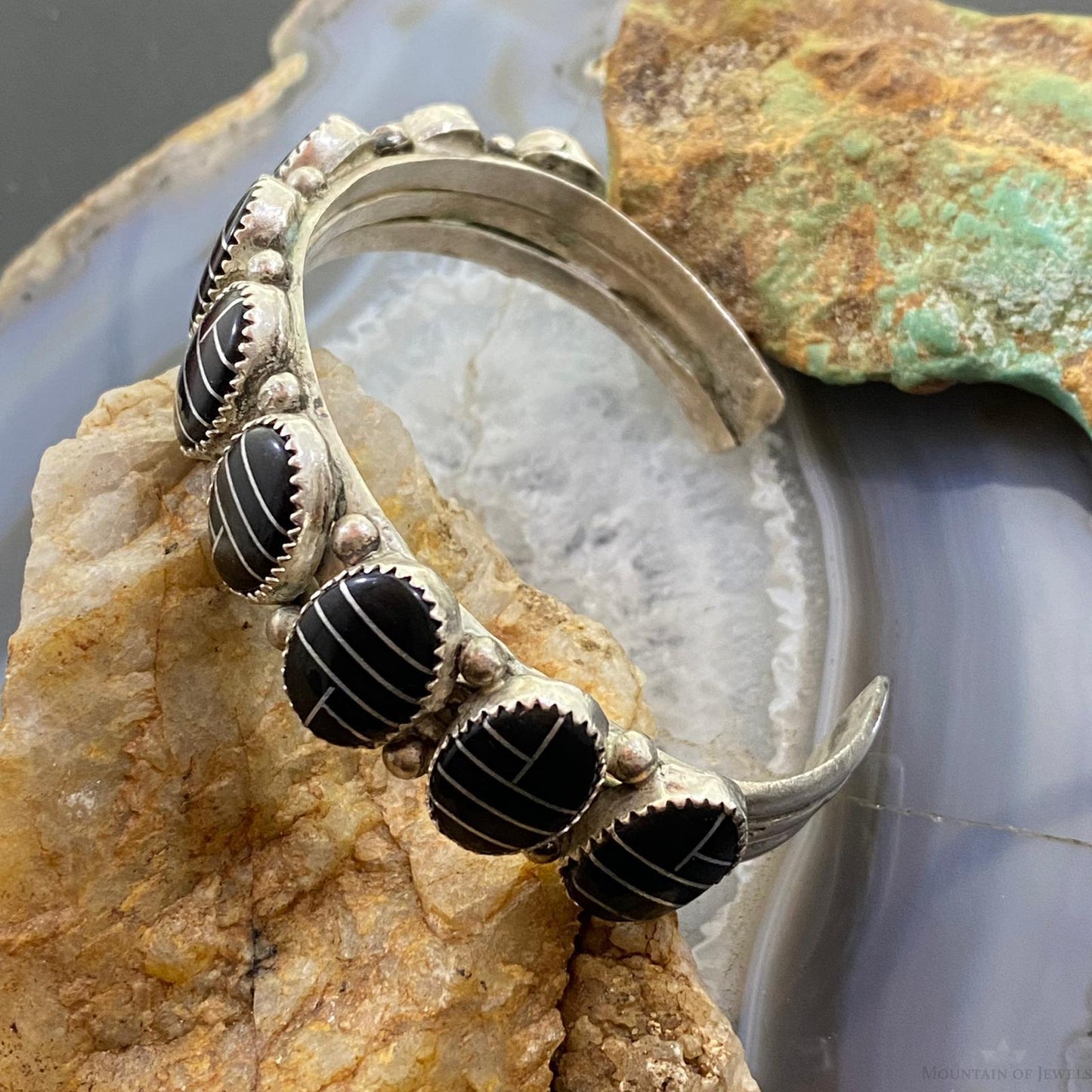 Vintage Native American Sterling Silver Channel Inlay Oval Onyx Bracelet