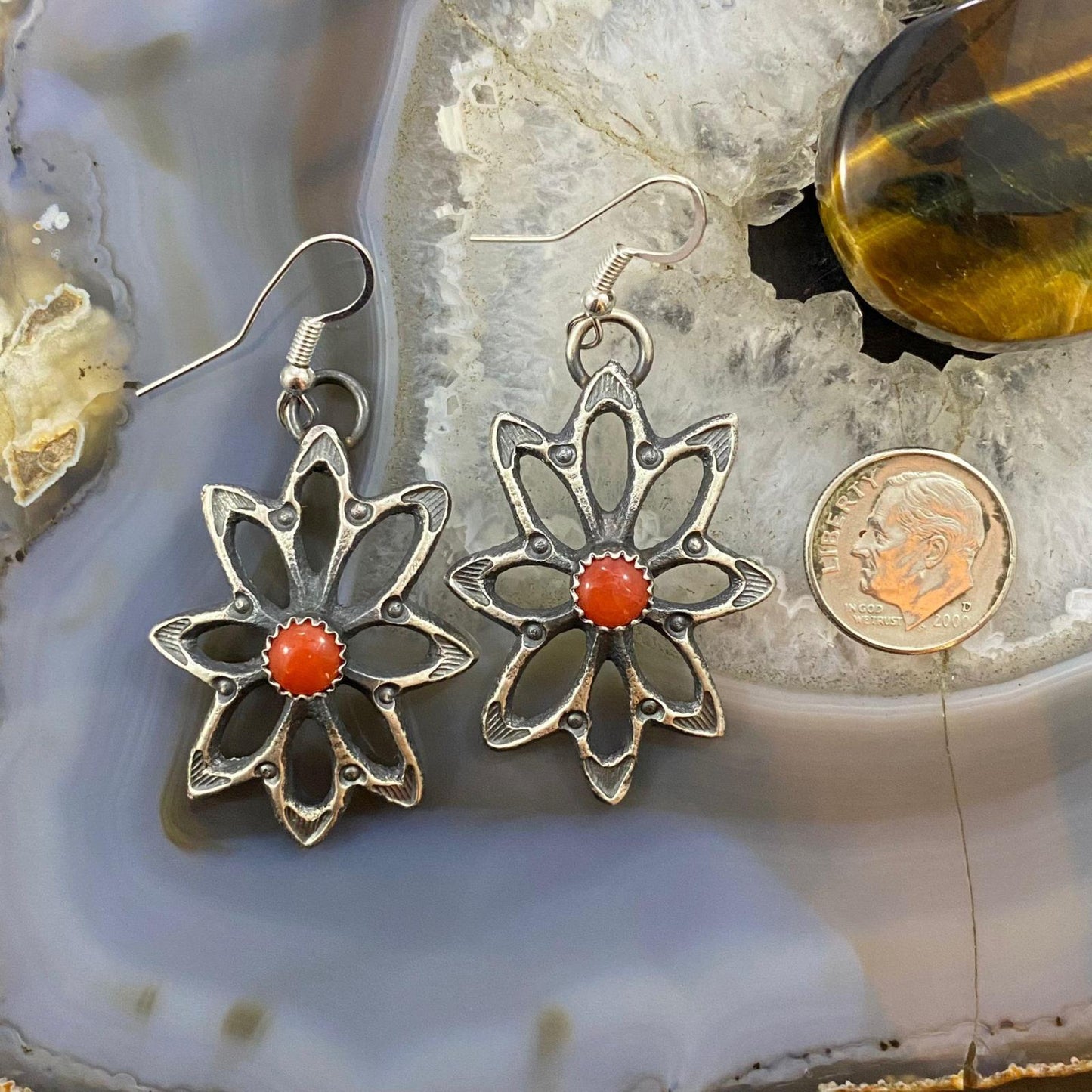 Kevin Billah Native American Sterling Coral Flower Decorated Dangle Earrings For Women #2