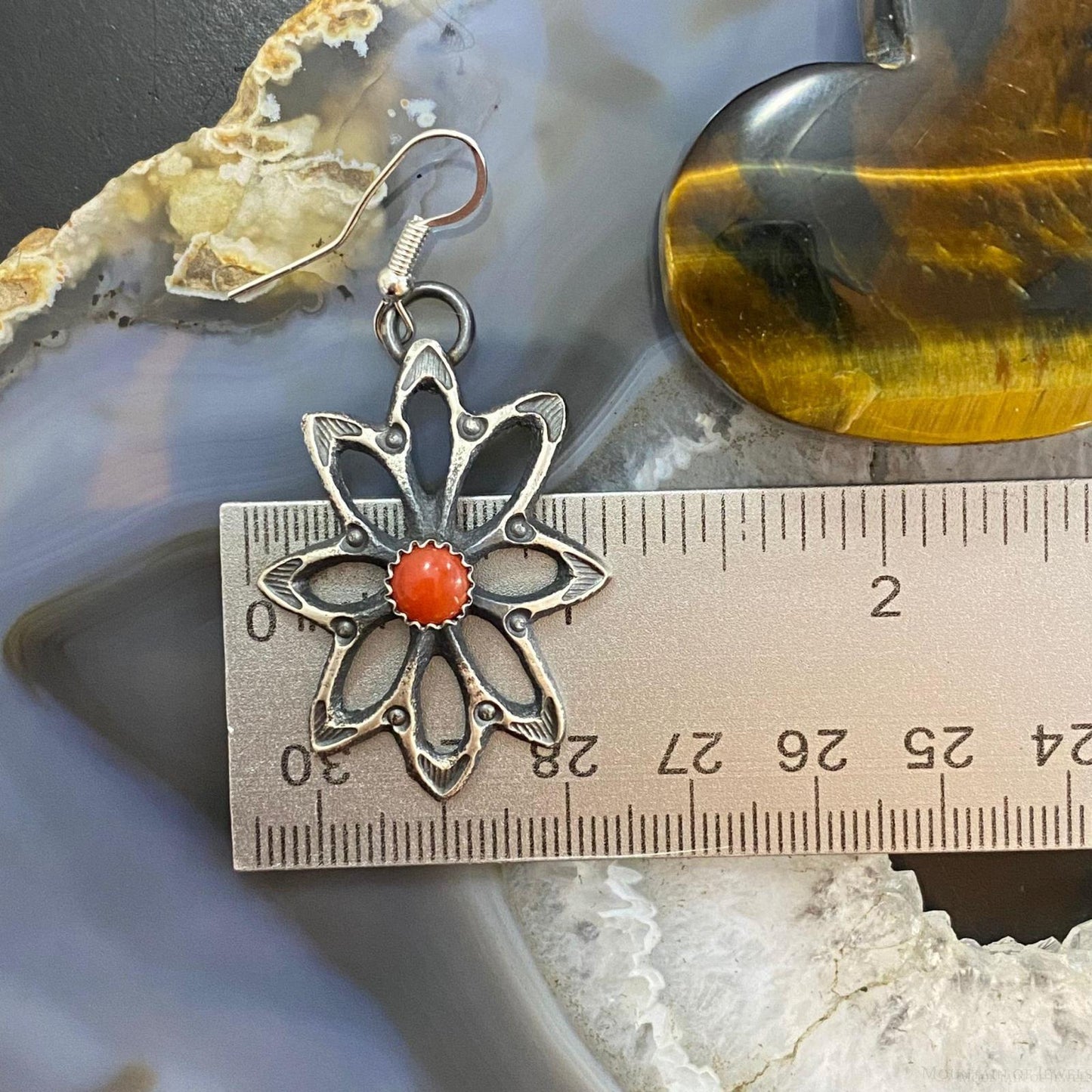 Kevin Billah Native American Sterling Coral Flower Decorated Dangle Earrings For Women #2