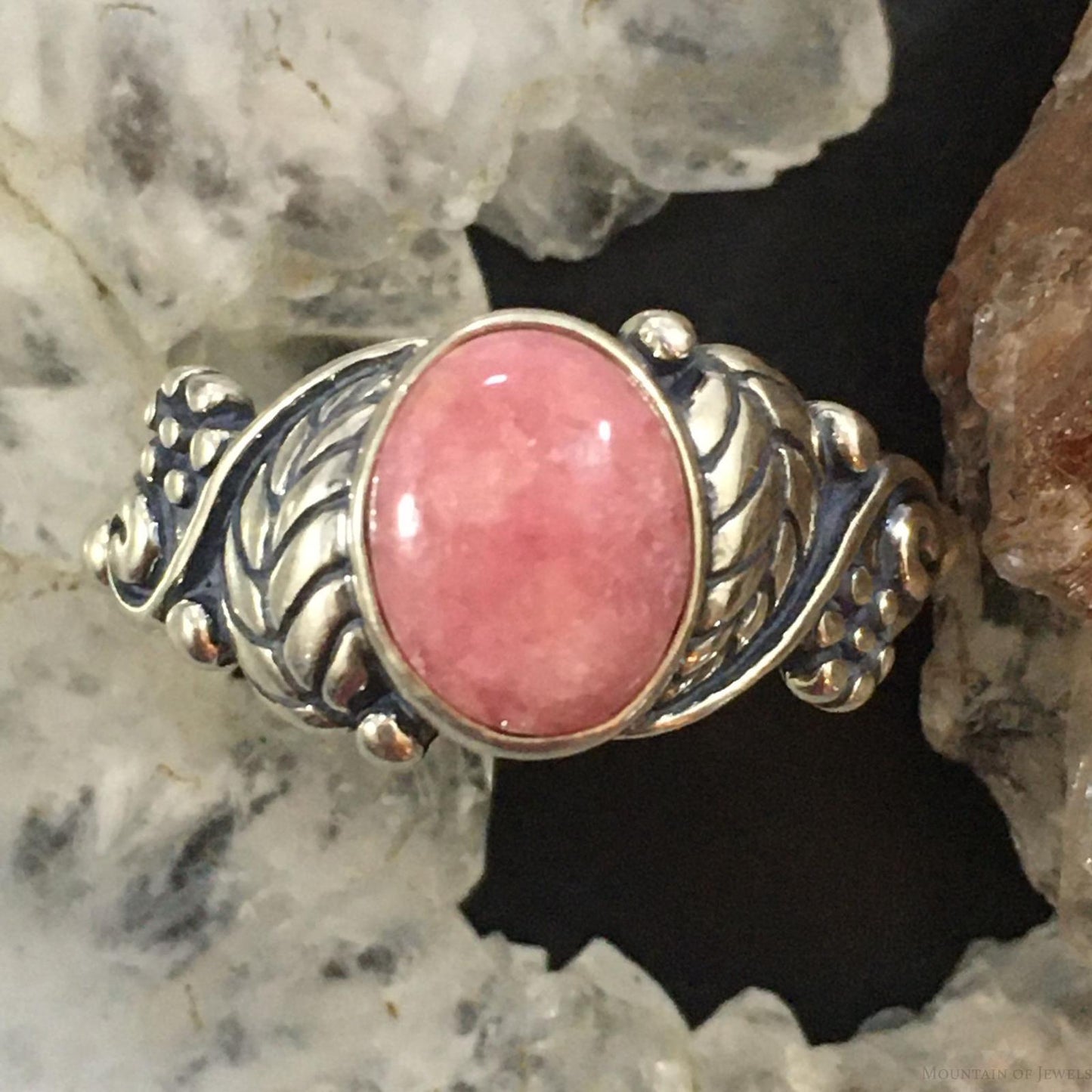 Carolyn Pollack Vintage Sterling Silver Oval Rhodonite Floral Ring For Women