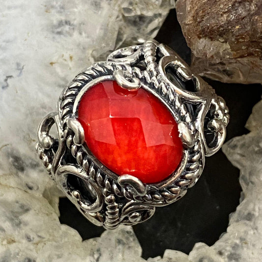 Carolyn Pollack Sterling Silver Oval Red Coral & Quartz Decorated Doublet Ring For Women