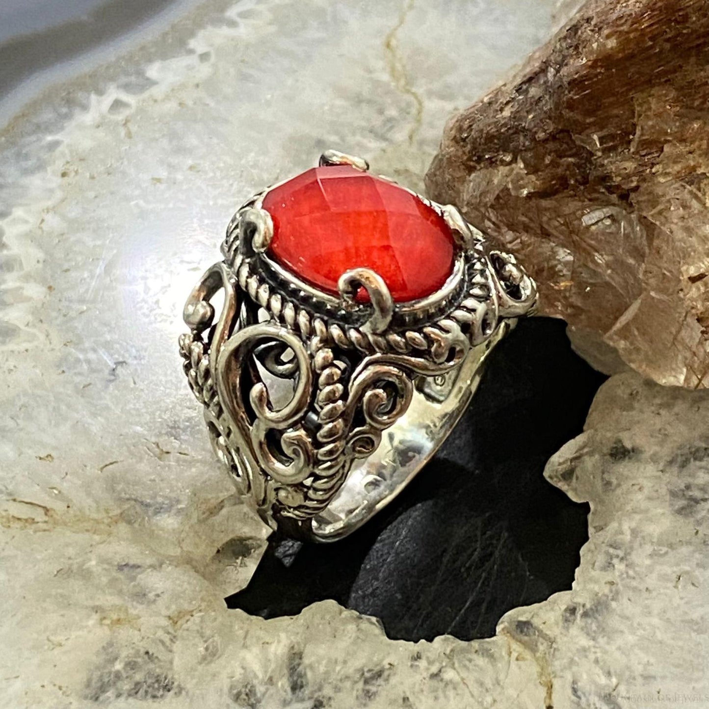 Carolyn Pollack Sterling Silver Oval Red Coral & Quartz Decorated Doublet Ring For Women