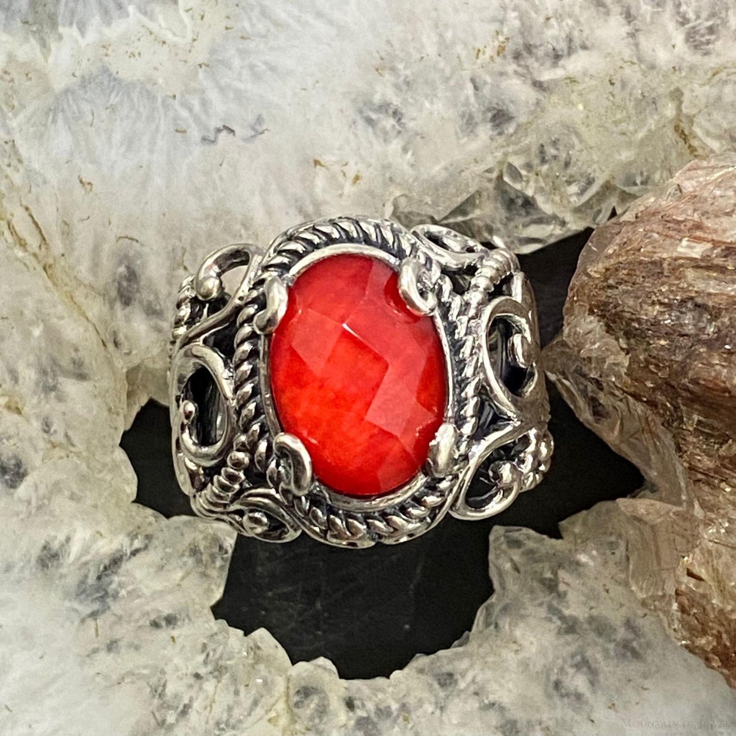 Carolyn Pollack Sterling Silver Oval Red Coral & Quartz Decorated Doublet Ring For Women