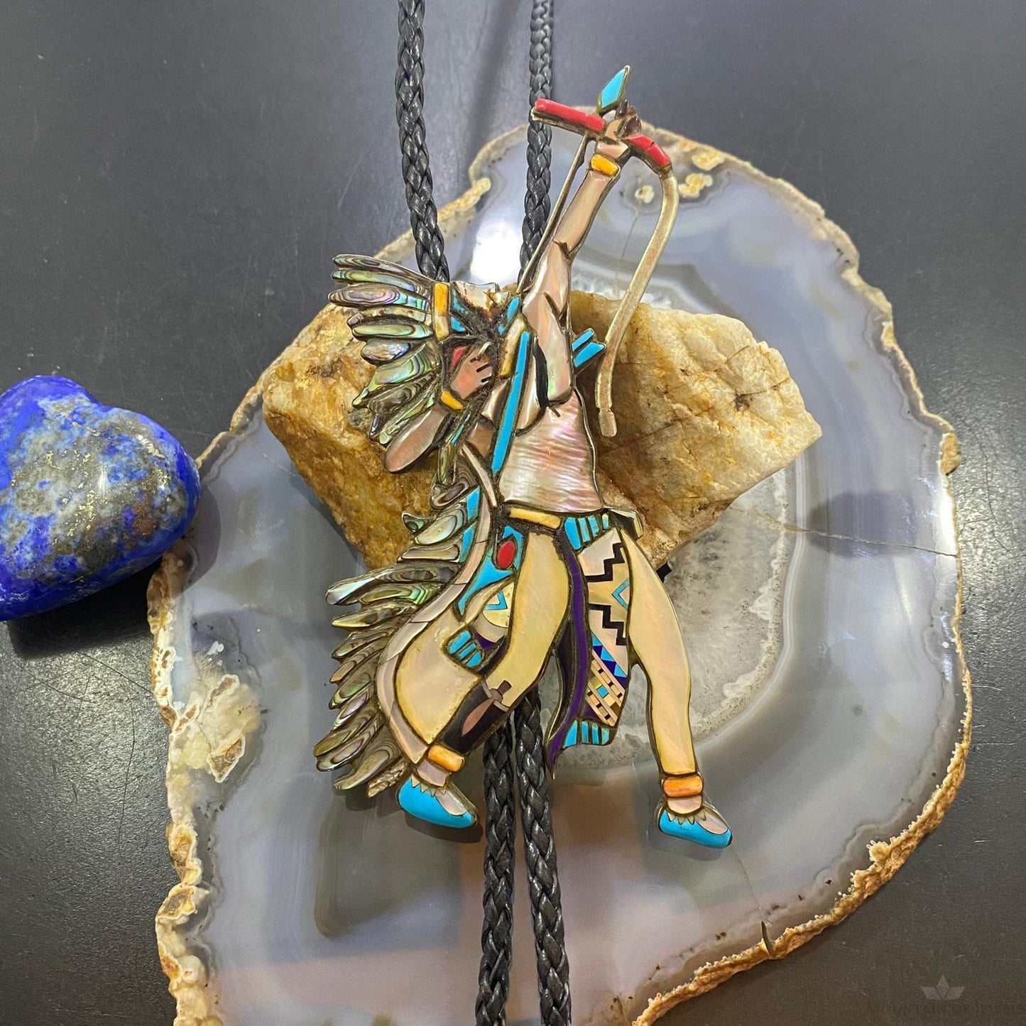 Vintage Zuni Native American Silver Warrior/Hunter With Braided Rope Bolo Tie