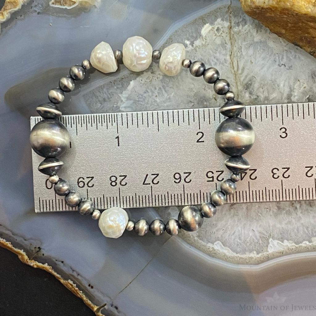 Native American Sterling Silver Navajo Pearl Beads & 4 Pearl Stretch Bracelet For Women