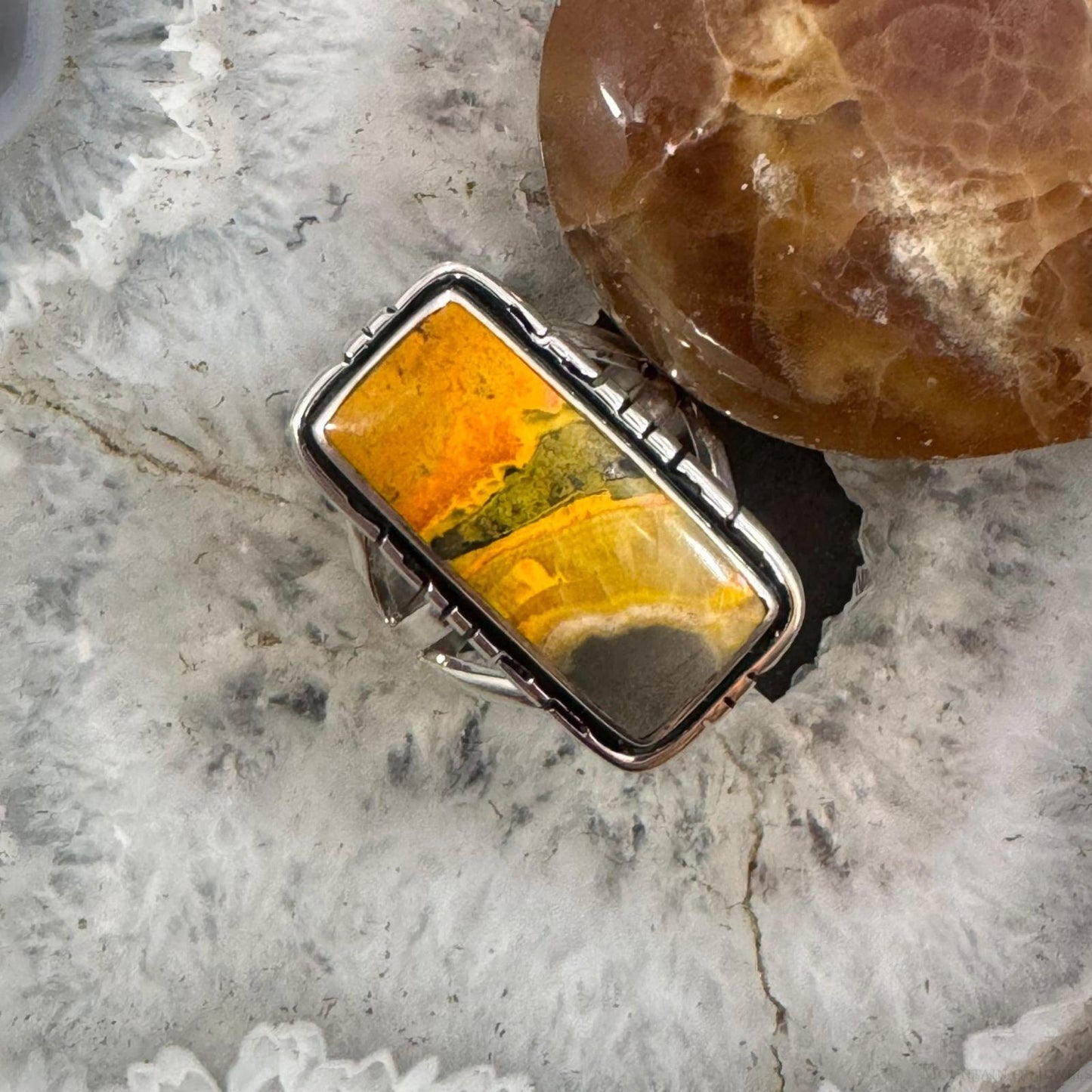 Native American Sterling Silver Bumblebee Jasper Bar Ring Size 7.5 For Women