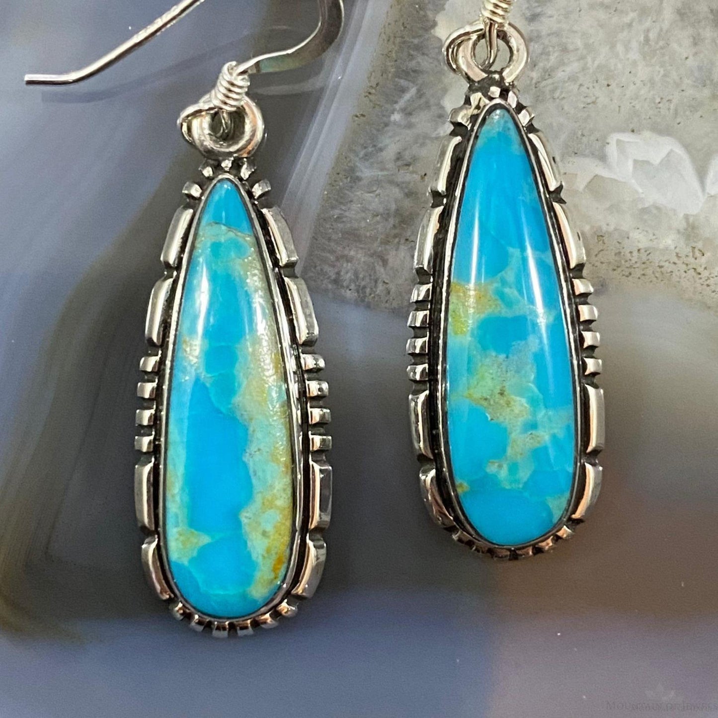 Native American Sterling Silver Teardrop Kingman Turquoise Dangle Earrings For Women