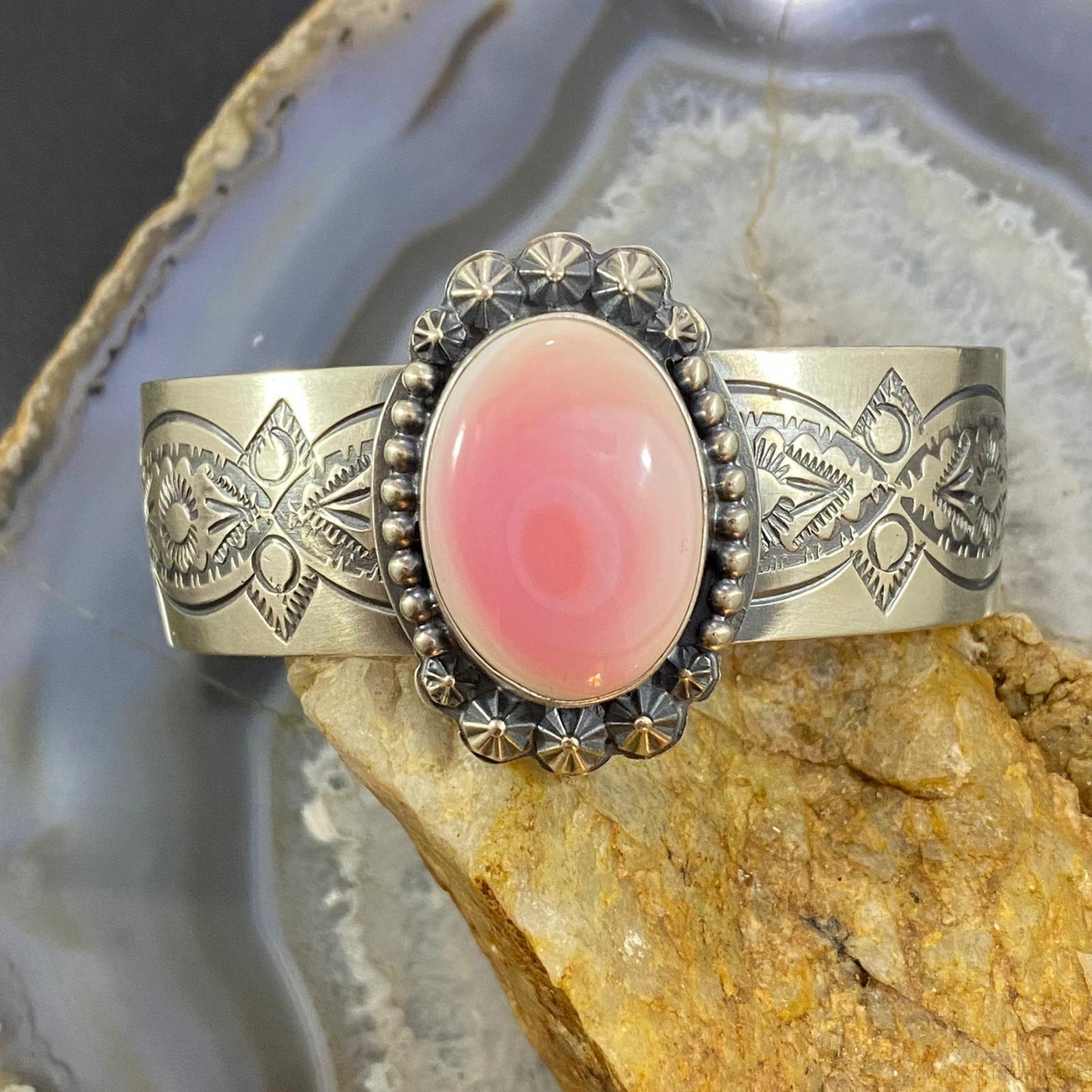 Boyd J. Ashley Native American Sterling Silver Oval Pink Conch Shell Stamped Bracelet For Women #1