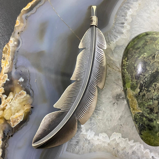 Billy Long Native American Sterling Silver Oxidized Feather Unisex Pendant Necklace