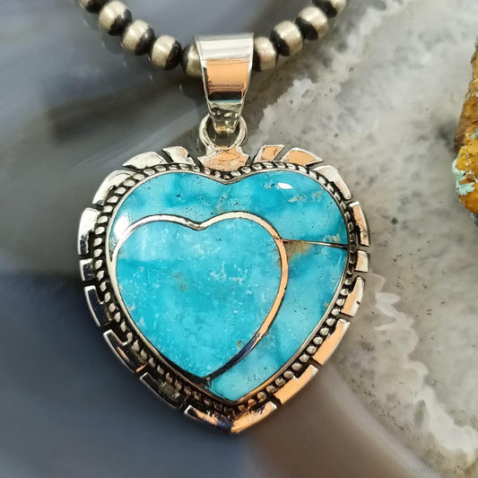 Native American Sterling Silver Large Blue Ridge Turquoise Double Heart Pendant #1