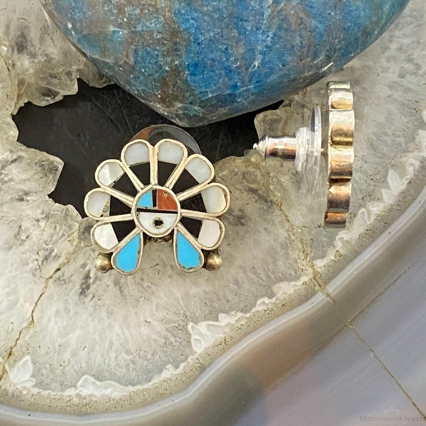 Vintage Native American Silver Multi Stone Zuni Inlay Sunface Stud Earrings For Women
