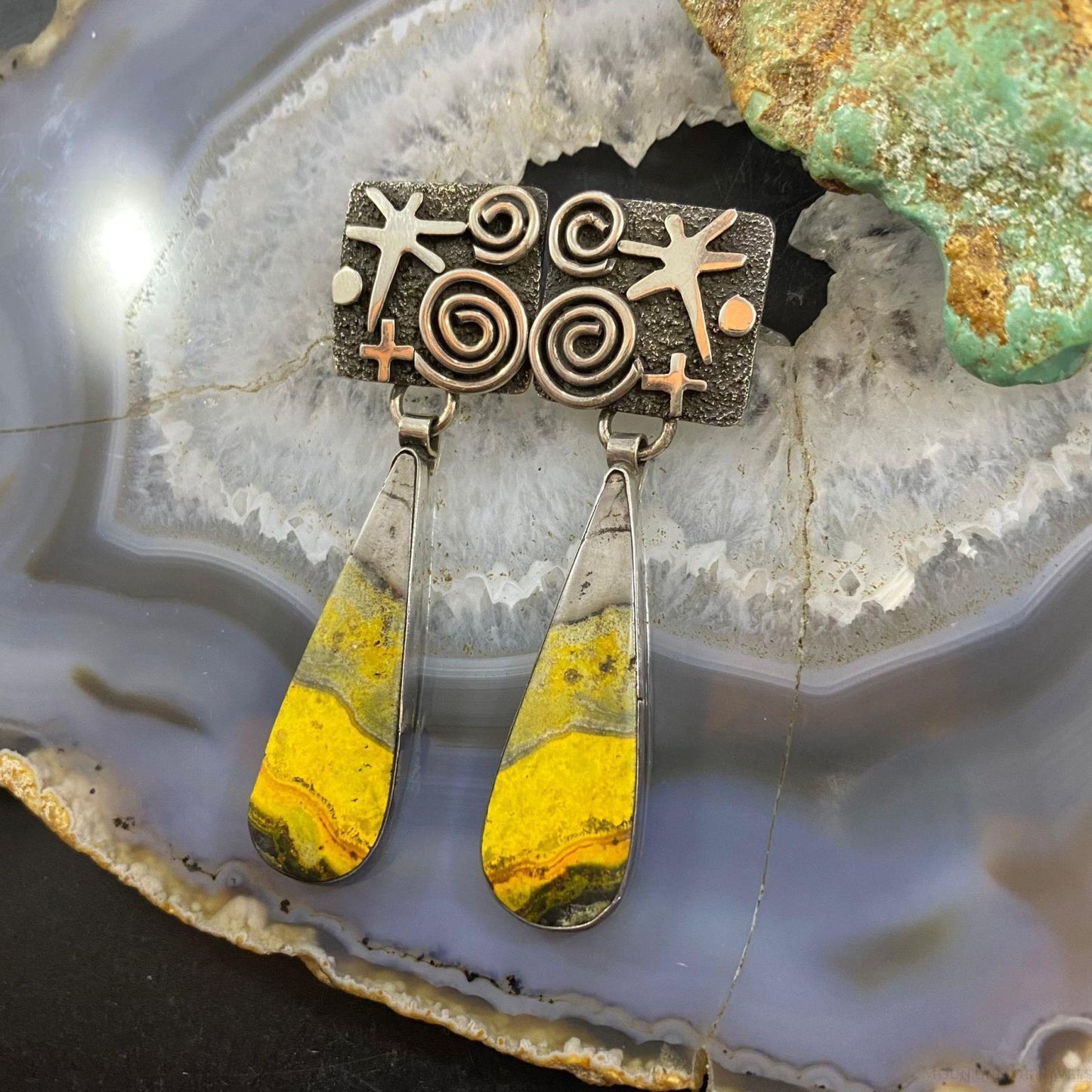 Alex Sanchez Native American Sterling Silver Bumblebee Jasper Petroglyph Dangle Earrings For Women