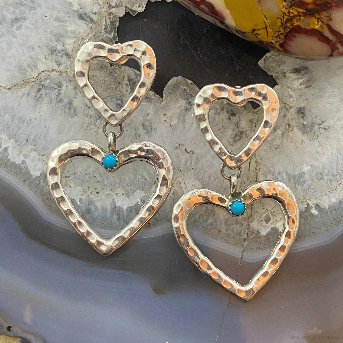 Native American Sterling Silver Turquoise Dot 2 Hearts Dangle Earrings For Women