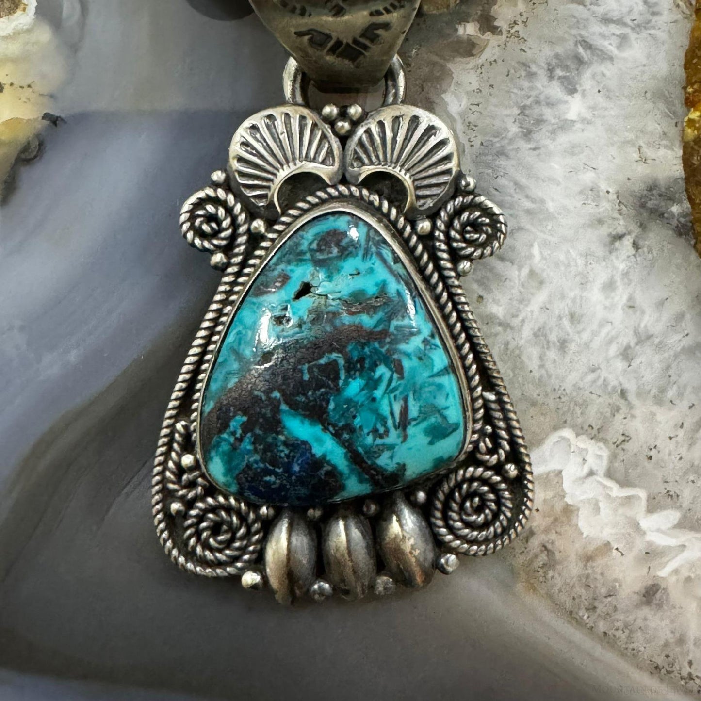 Native American Sterling Silver Rounded Triangle Turquoise Decorated Pendant For Women