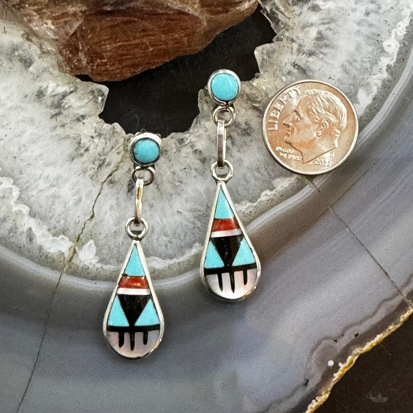 Delberta Boone Native American Sterling Silver Multi Gemstone Inlay Dangle Earrings For Women