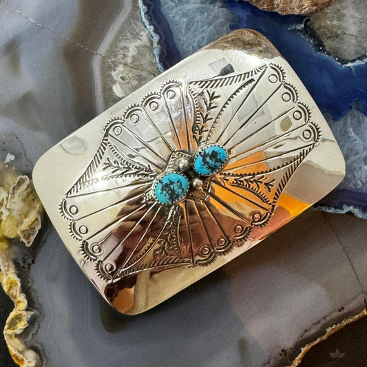 Native American Sterling Silver 2 Turquoise Stamped Unisex Belt Buckle
